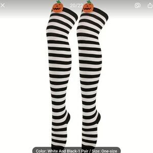 Halloween Black and White Over Knee Long Striped Thigh High Socks w/Pumpkins